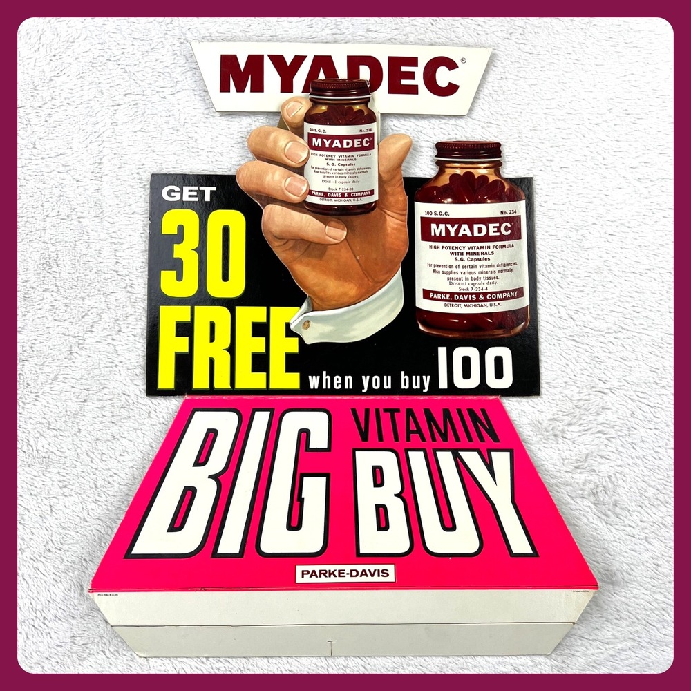 1960s Myadec Parke-Davis Vintage Advertising Sign 22" Cardboard Pharmacy Diplay